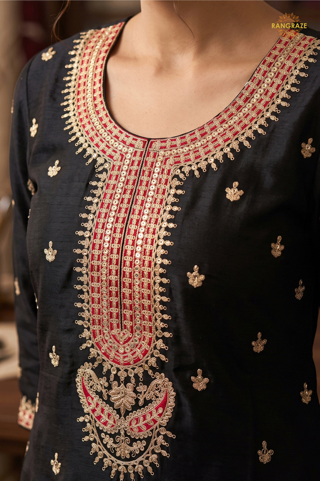 Black Stitched Embroidered Chinon Sharara Suit