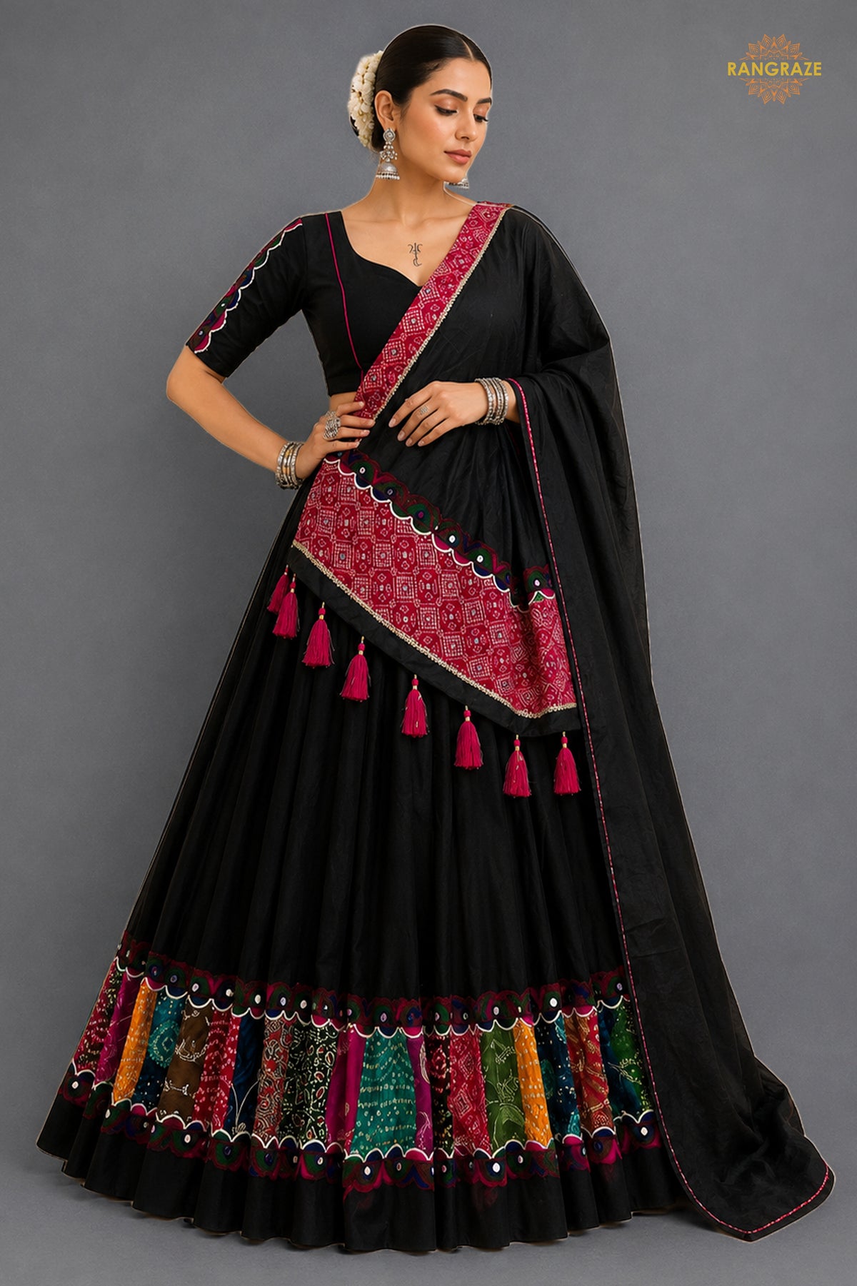 Black Stitched Khadi Cotton Lehenga With Multicolor Patch Work