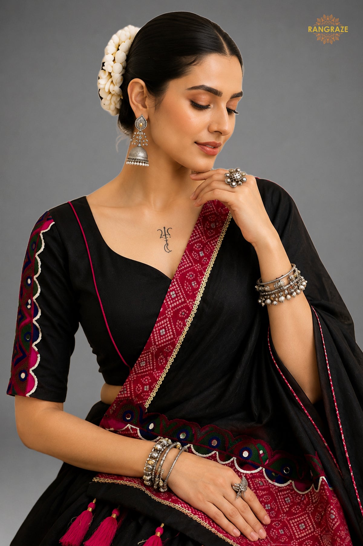Black Stitched Khadi Cotton Lehenga With Multicolor Patch Work
