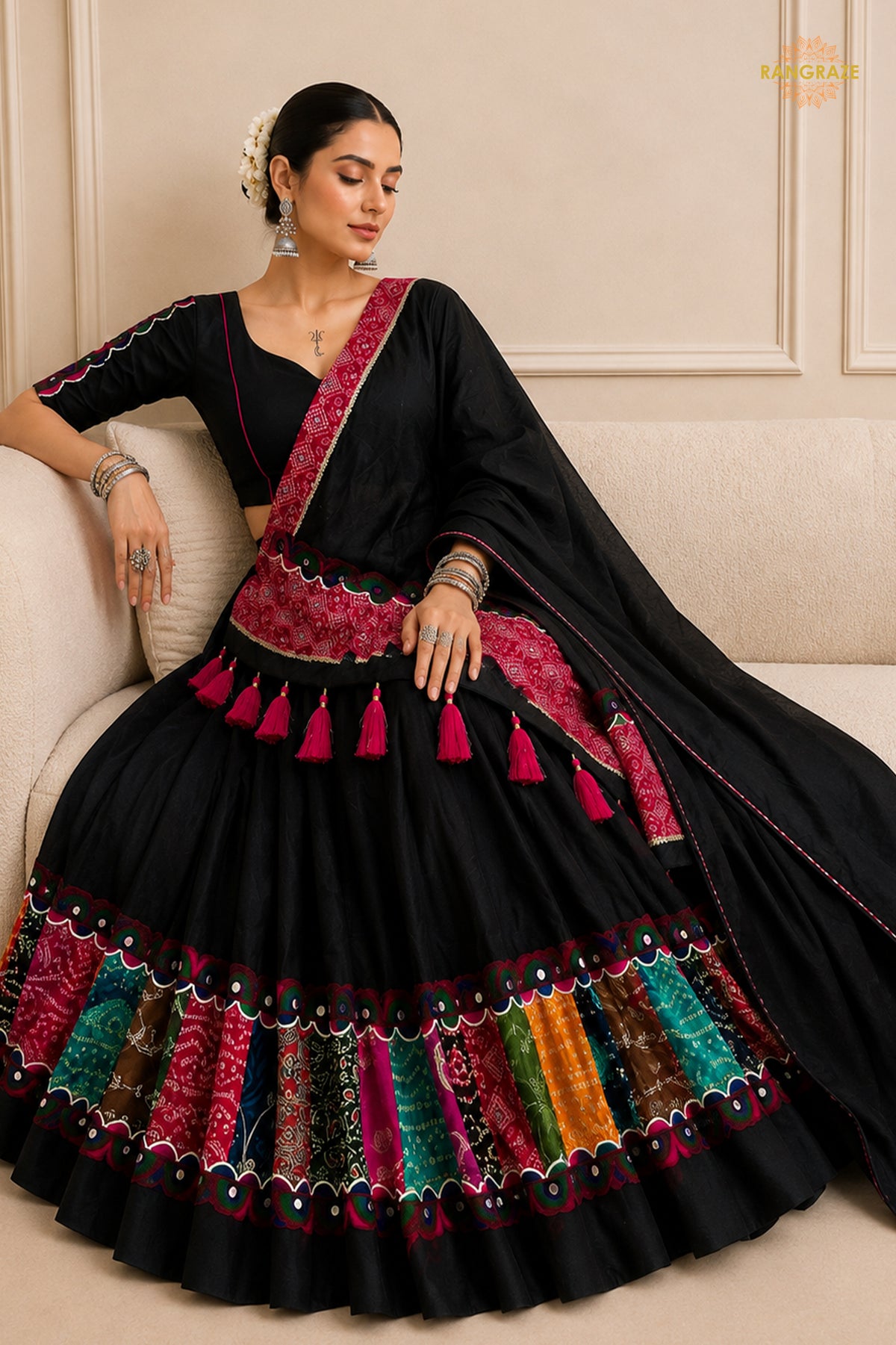 Black Stitched Khadi Cotton Lehenga With Multicolor Patch Work