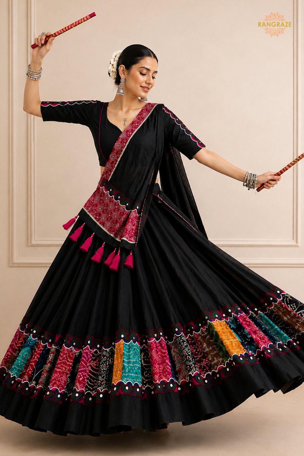 Black Stitched Khadi Cotton Lehenga With Multicolor Patch Work