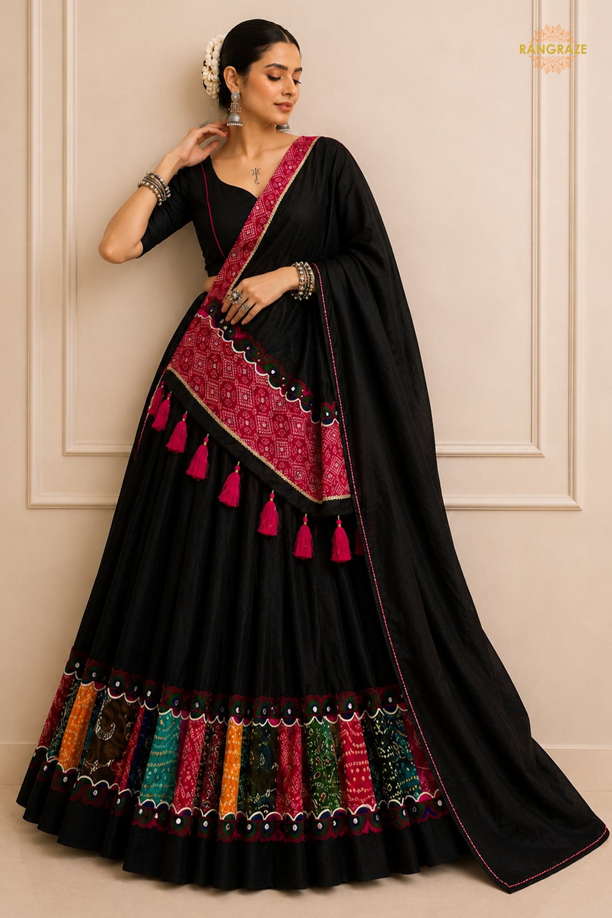 Black Stitched Khadi Cotton Lehenga With Multicolor Patch Work