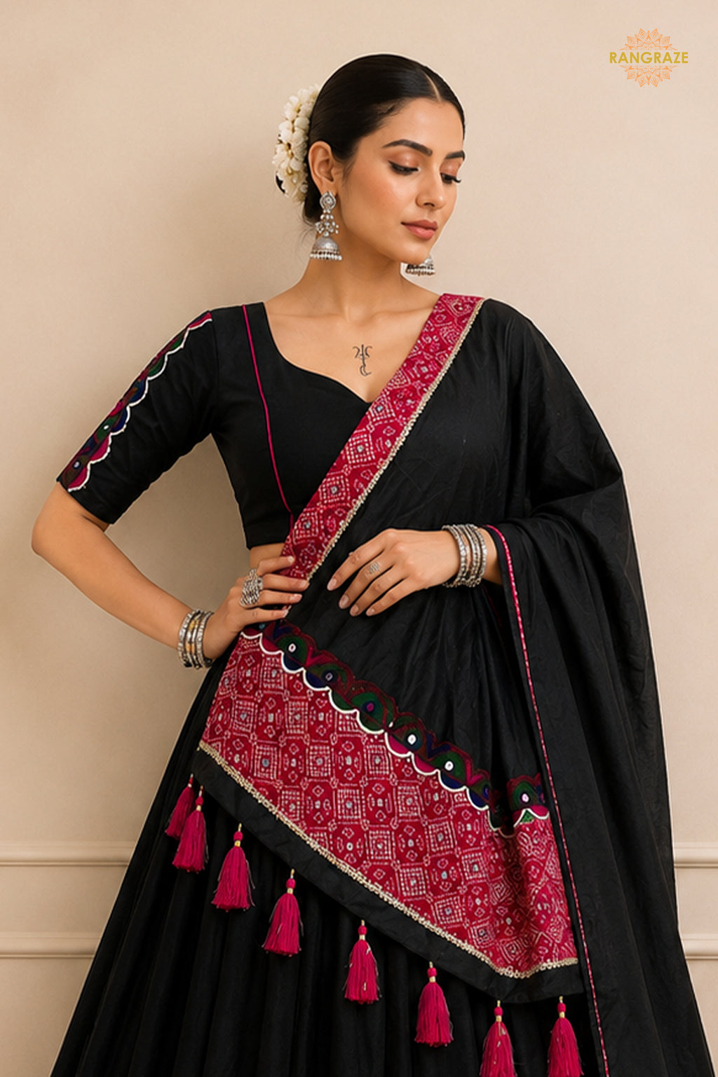 Black Stitched Khadi Cotton Lehenga With Multicolor Patch Work
