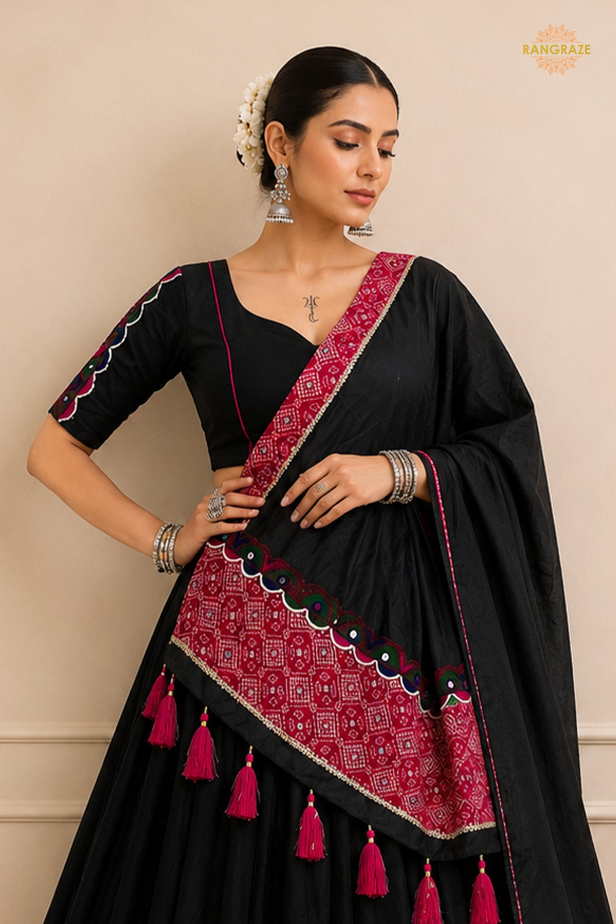 Black Stitched Khadi Cotton Lehenga With Multicolor Patch Work