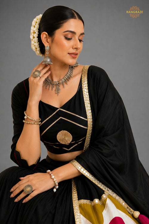 Black Stitched Printed Cotton Lehenga