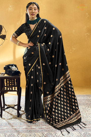 Black Satin Silk Banarasi Saree with Woven Zari Buttas