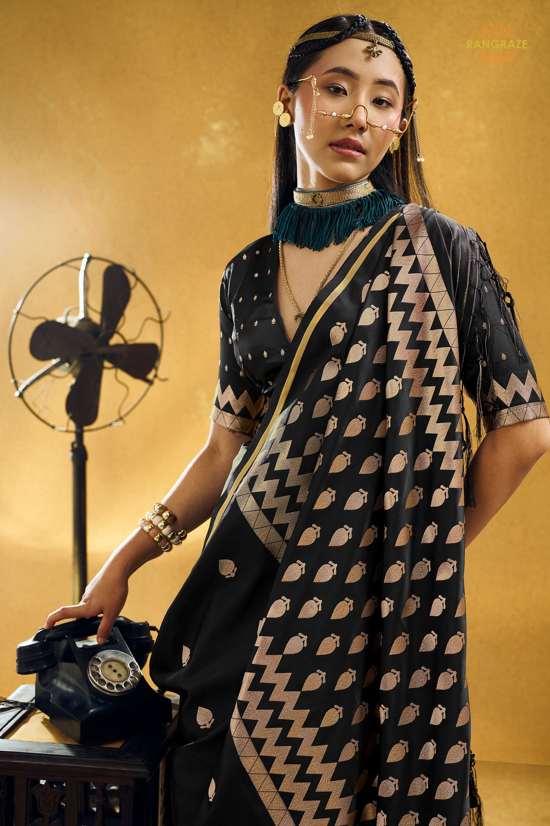 Black Satin Silk Banarasi Saree with Woven Zari Buttas