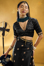 Black Satin Silk Banarasi Saree with Woven Zari Buttas