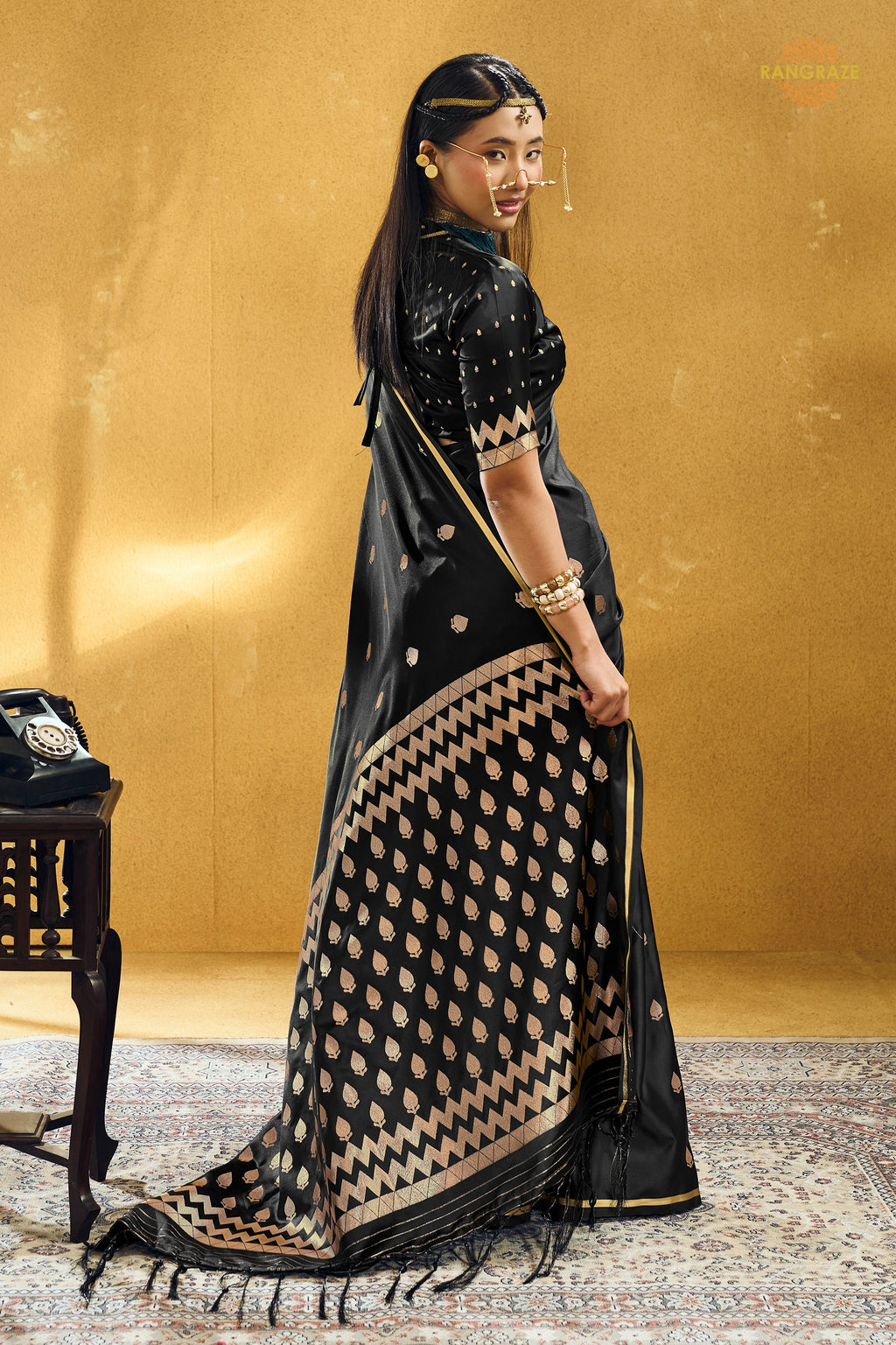 Black Satin Silk Banarasi Saree with Woven Zari Buttas