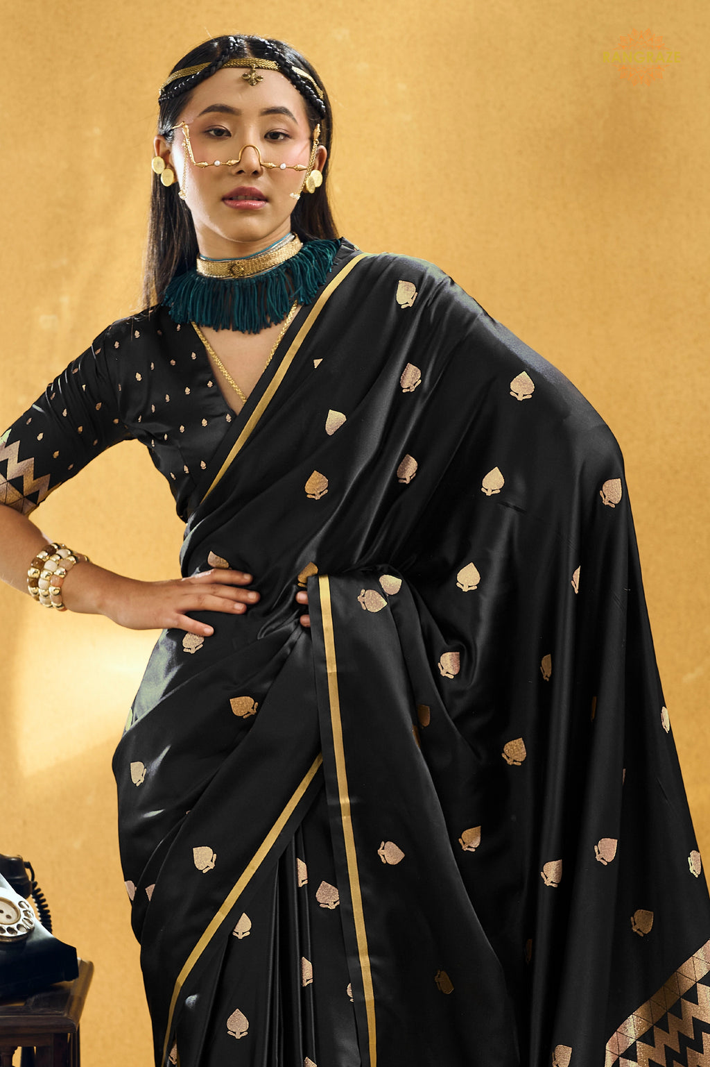 Black Satin Silk Banarasi Saree with Woven Zari Buttas