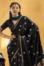 Black Satin Silk Banarasi Saree with Woven Zari Buttas