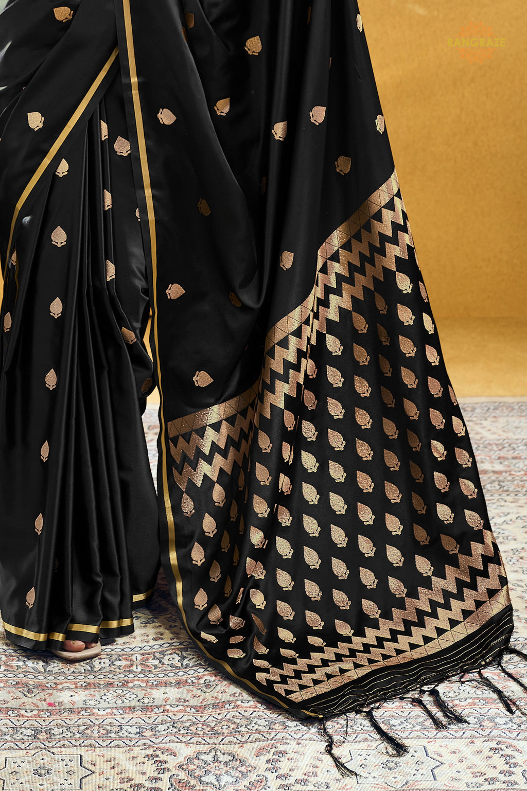 Black Satin Silk Banarasi Saree with Woven Zari Buttas