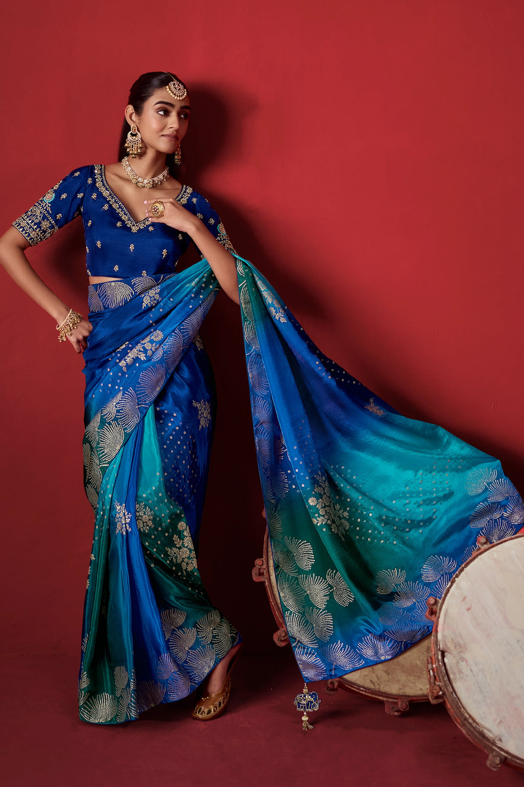 Blue And Green Ombre Woven Dola Crape Soft Silk