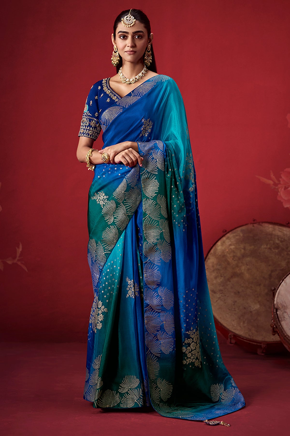 Blue And Green Ombre Woven Dola Crape Soft Silk