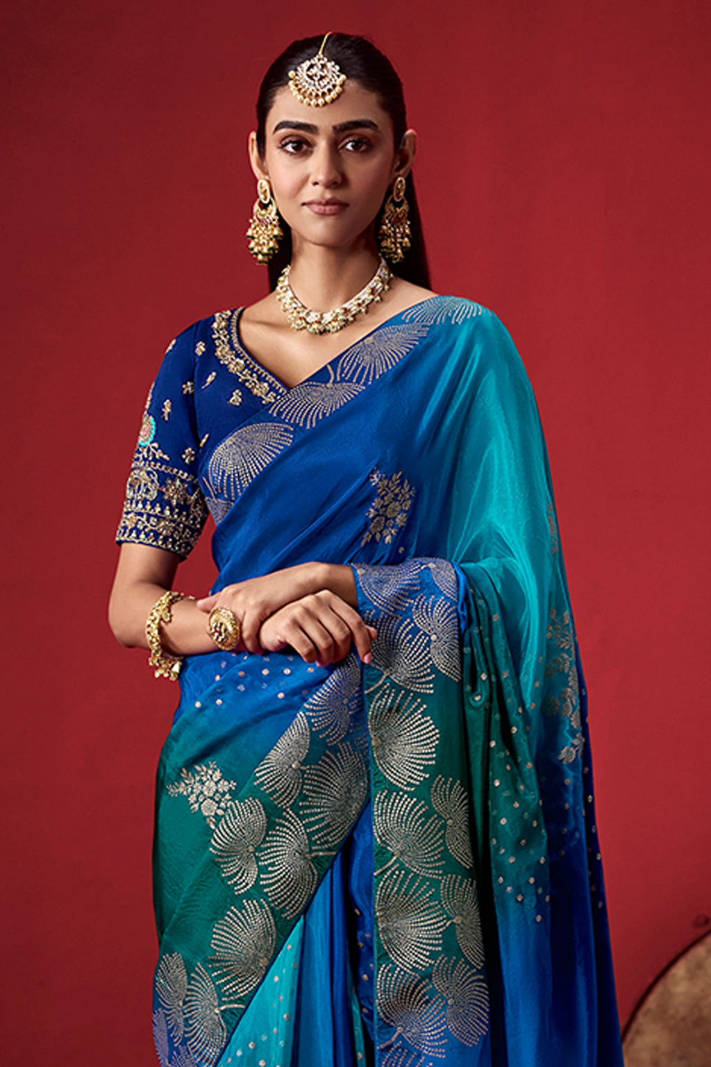 Blue And Green Ombre Woven Dola Crape Soft Silk