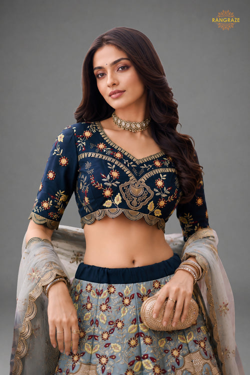 Blue And Grey Semi Stitched Embroidered Net Lehenga