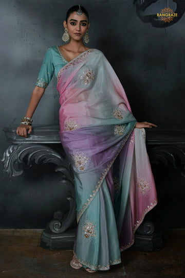 Blue And Pink Embroidered Tissue Organza Saree