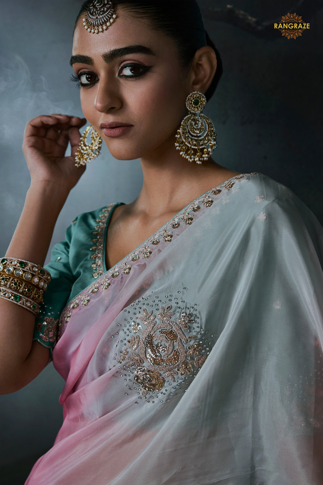 Blue And Pink Embroidered Tissue Organza Saree