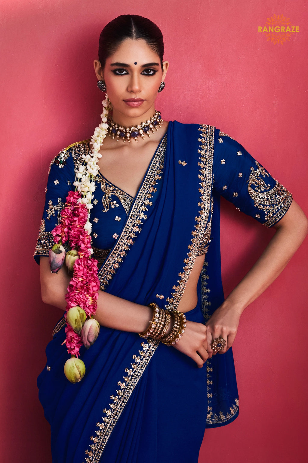 Blue Embroidered Silk Saree With Designer Border