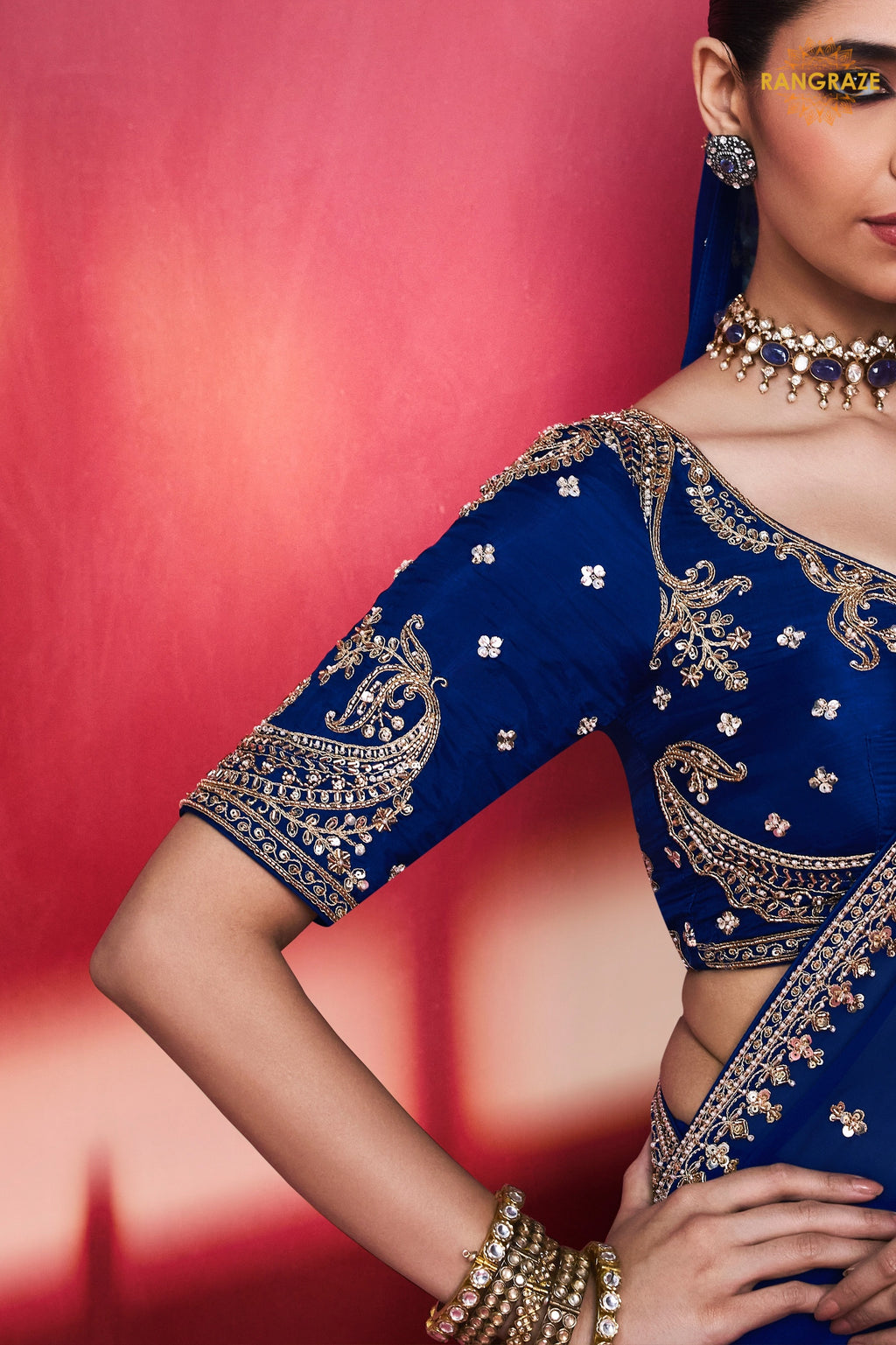Blue Embroidered Silk Saree With Designer Border