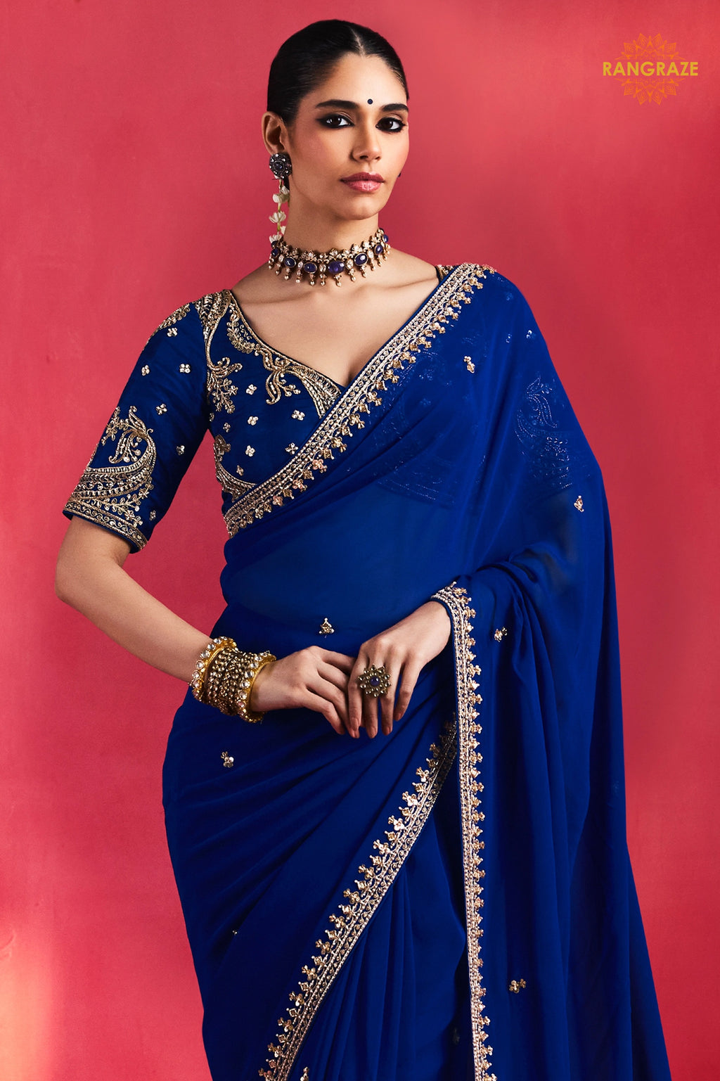 Blue Embroidered Silk Saree With Designer Border