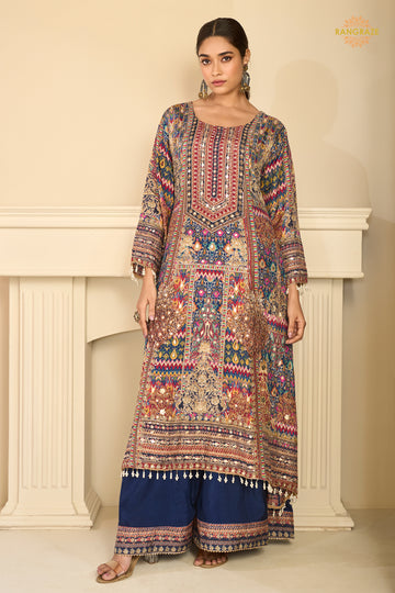 Blue Stitched Aari Work Crepe Palazzo Suit