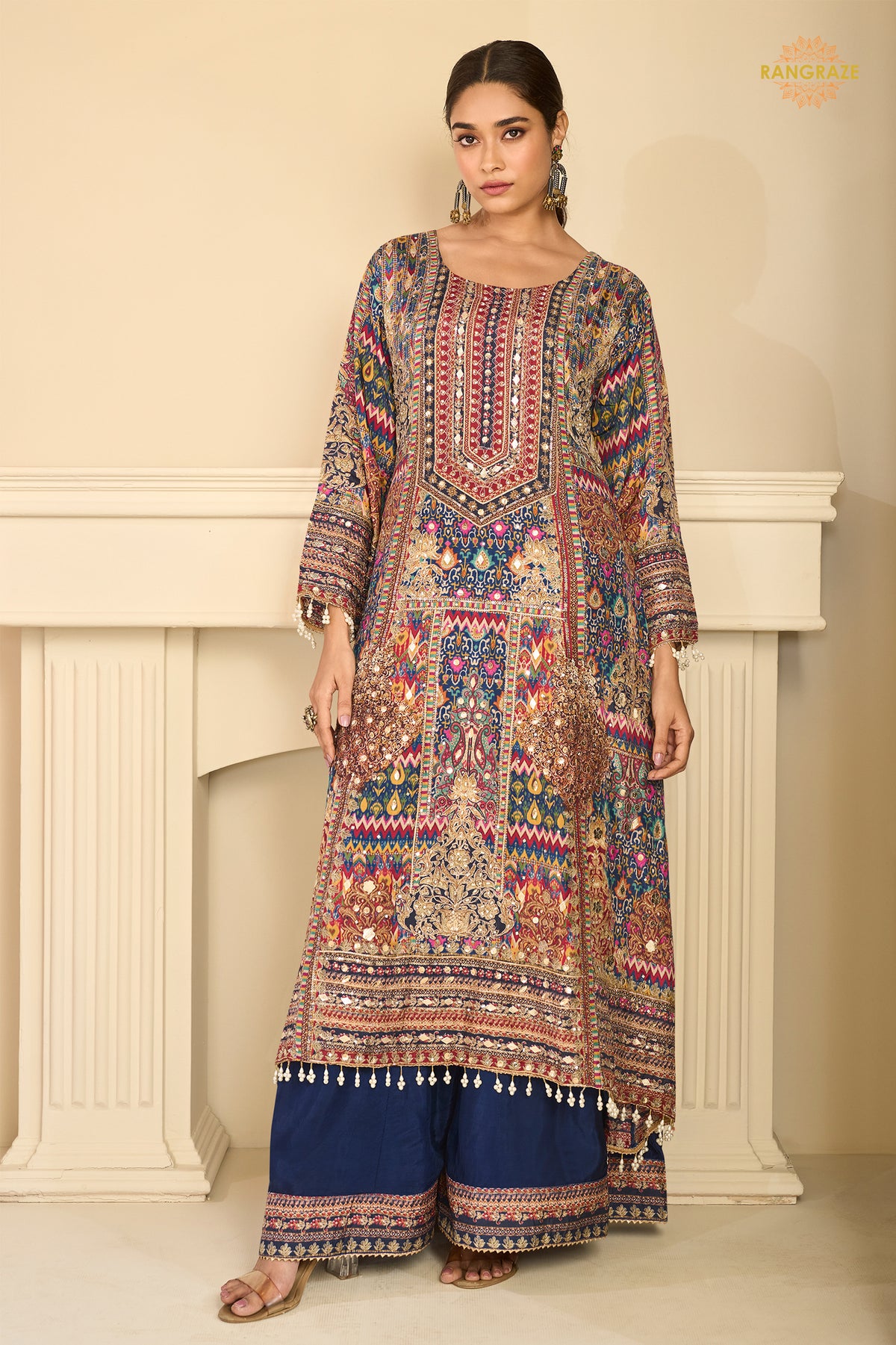 Blue Stitched Aari Work Crepe Palazzo Suit