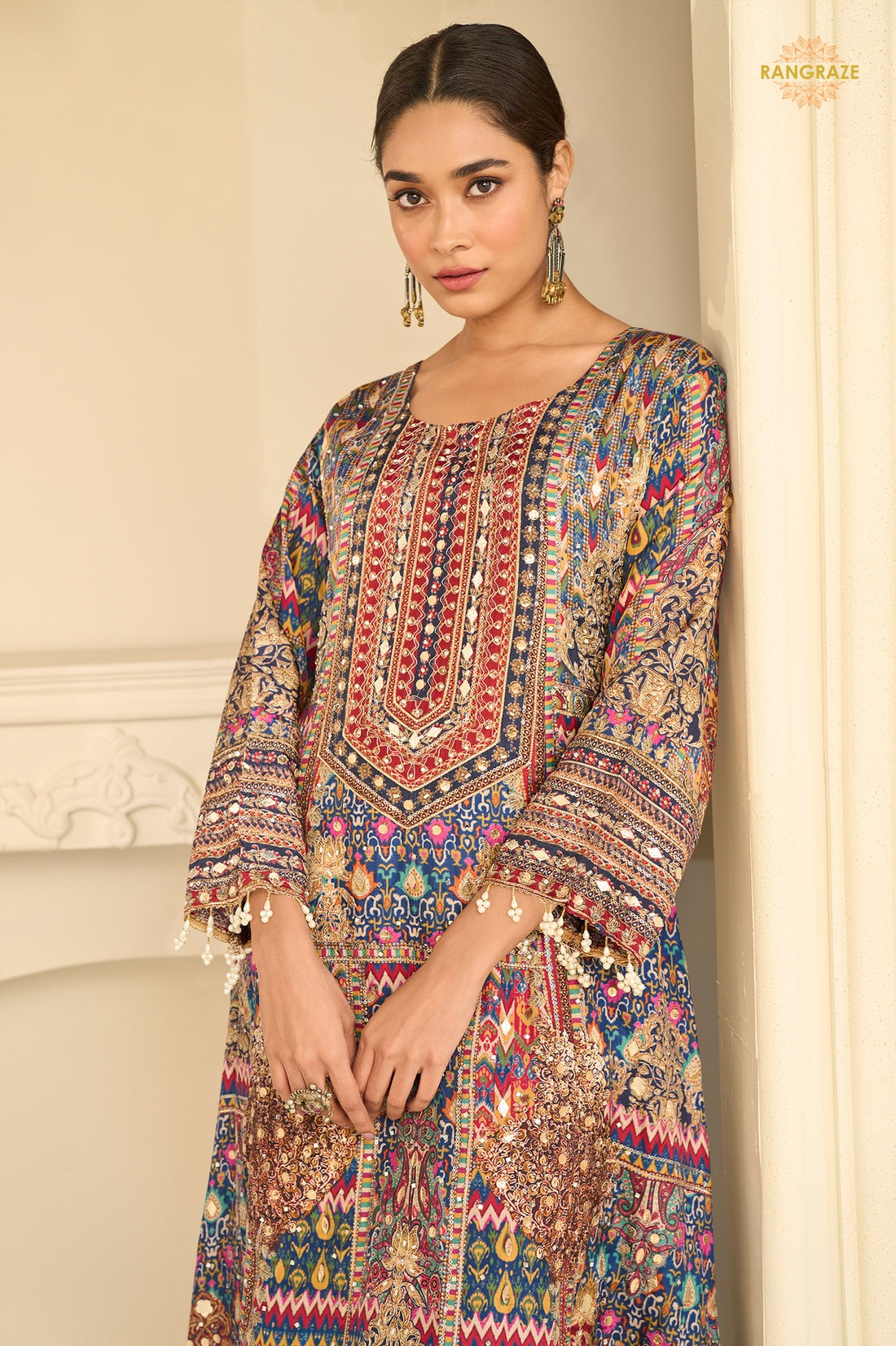 Blue Stitched Aari Work Crepe Palazzo Suit