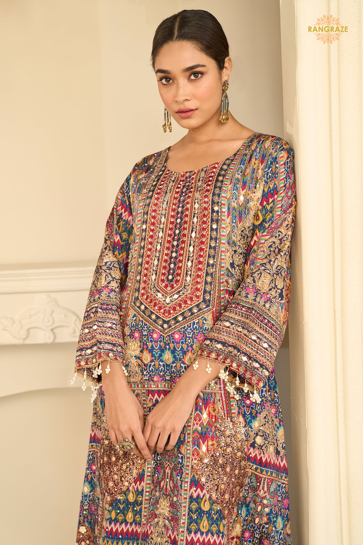 Blue Stitched Aari Work Crepe Palazzo Suit