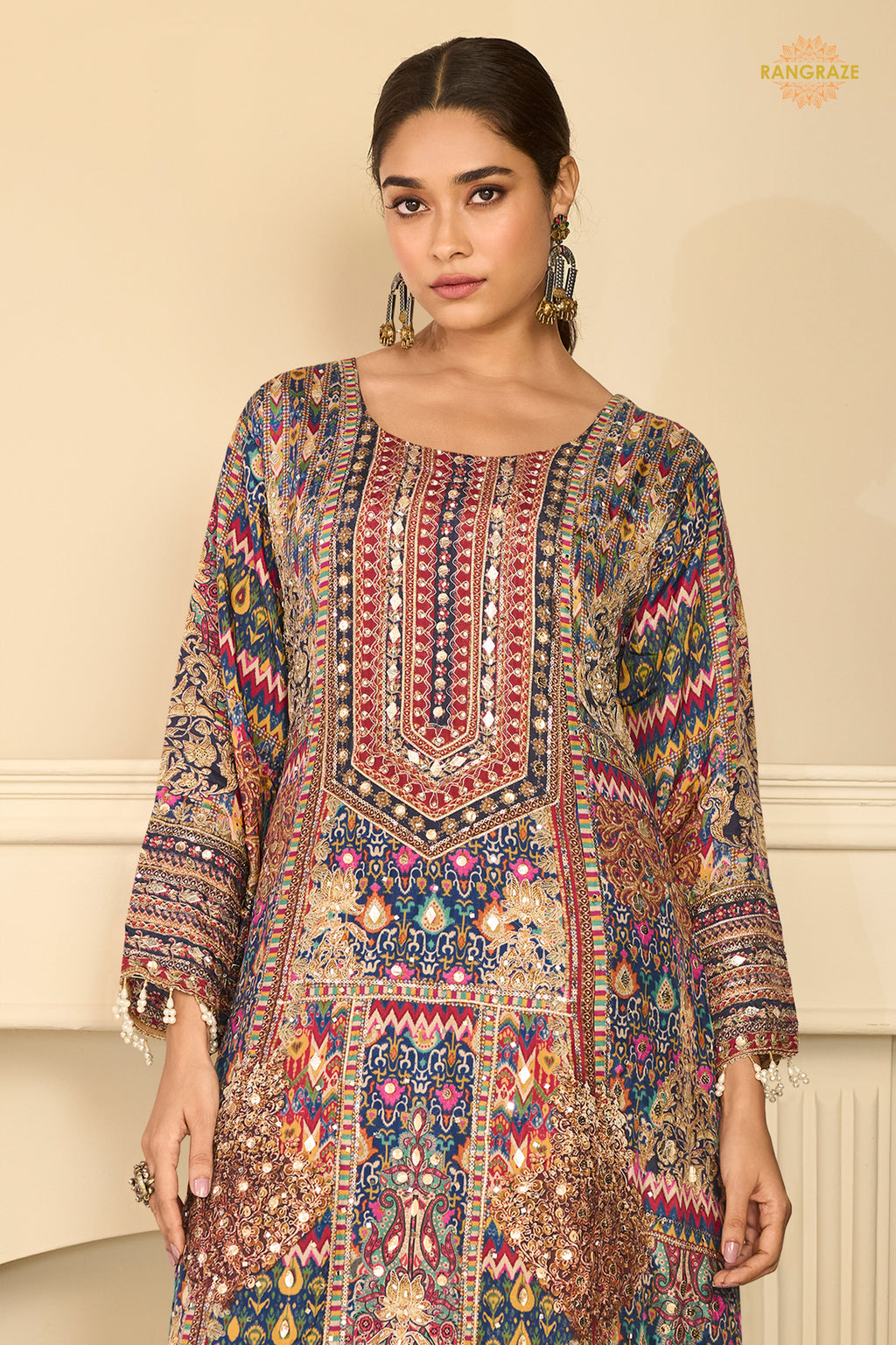 Blue Stitched Aari Work Crepe Palazzo Suit