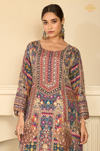 Blue Stitched Aari Work Crepe Palazzo Suit