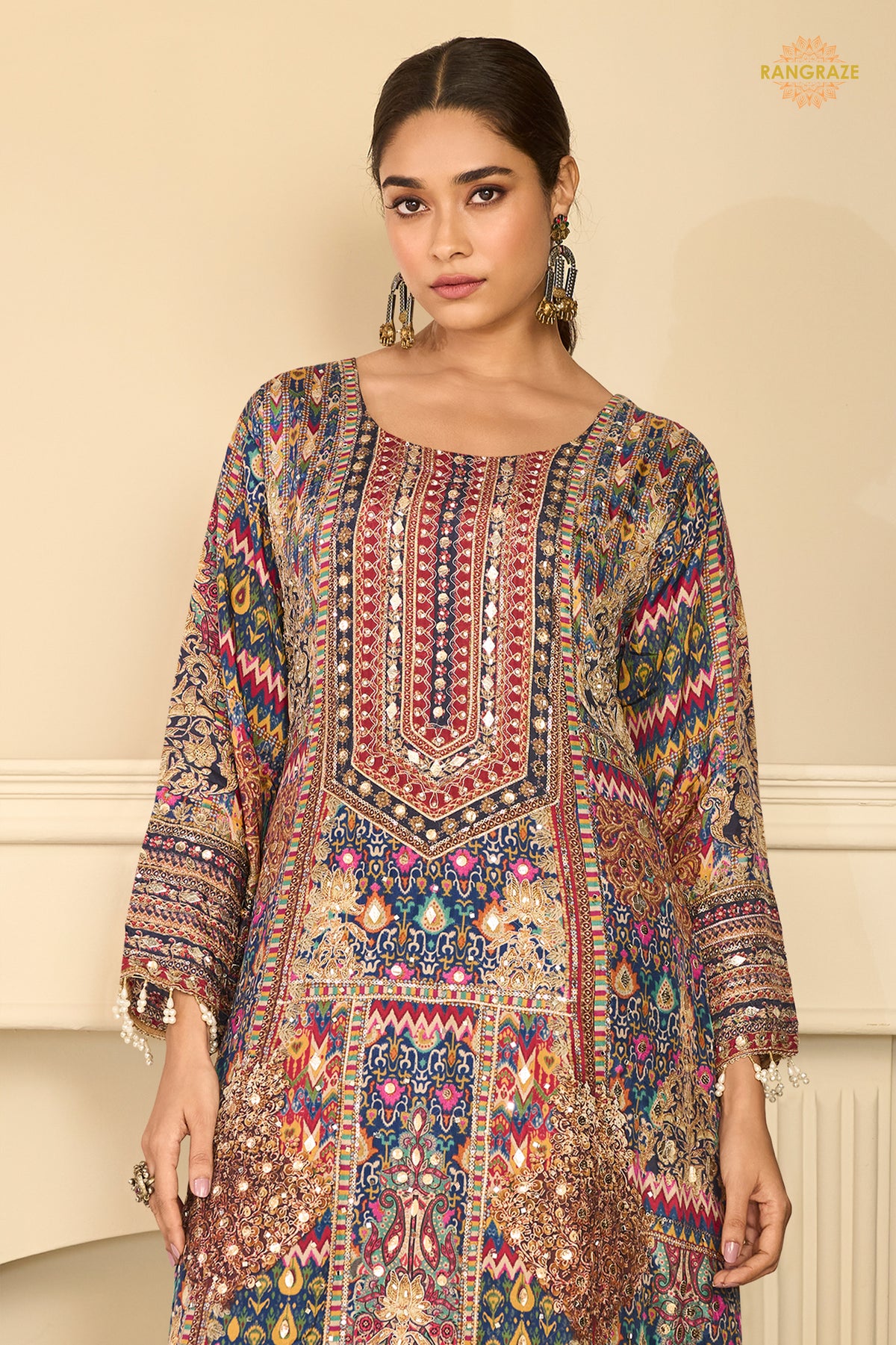 Blue Stitched Aari Work Crepe Palazzo Suit
