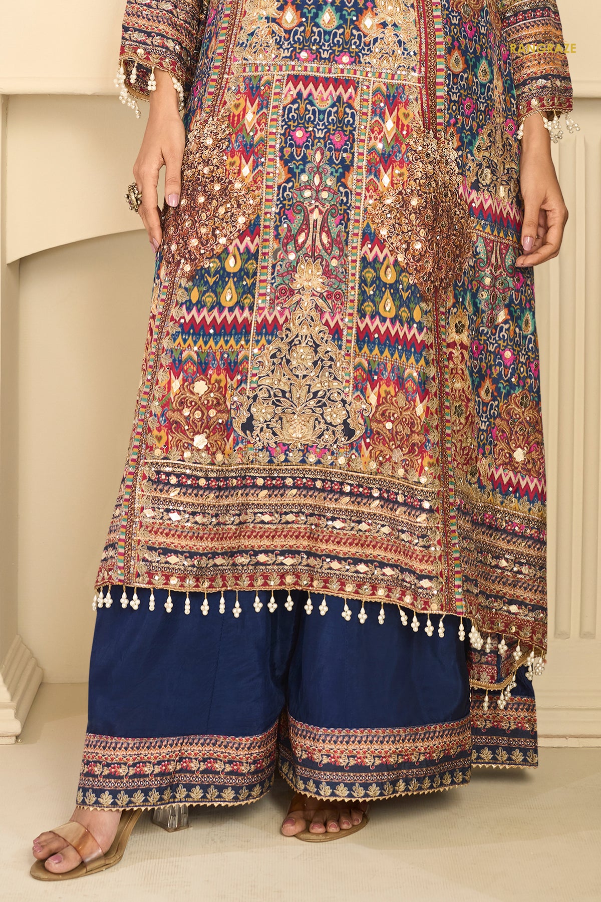 Blue Stitched Aari Work Crepe Palazzo Suit