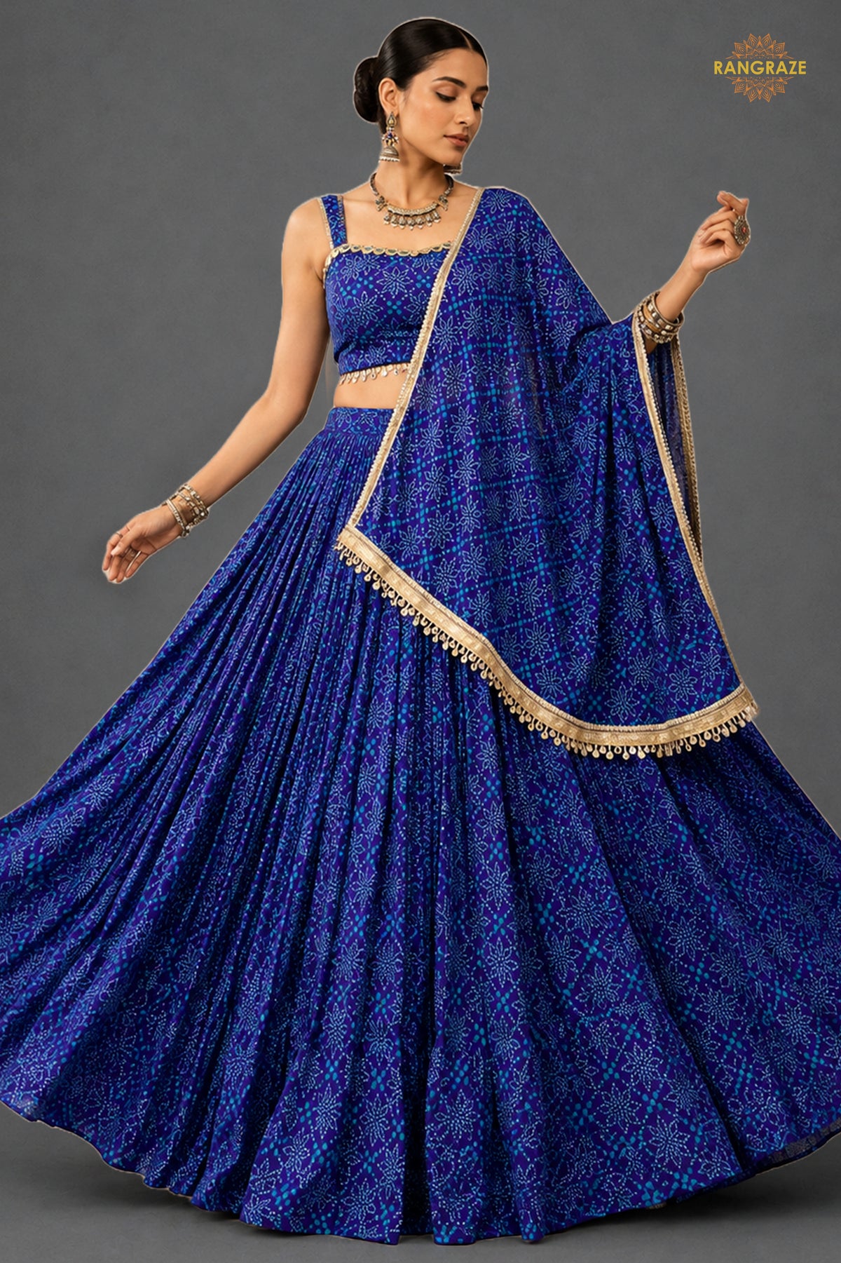 Blue Stitched Bandhej Print Satin Georgette Lehenga