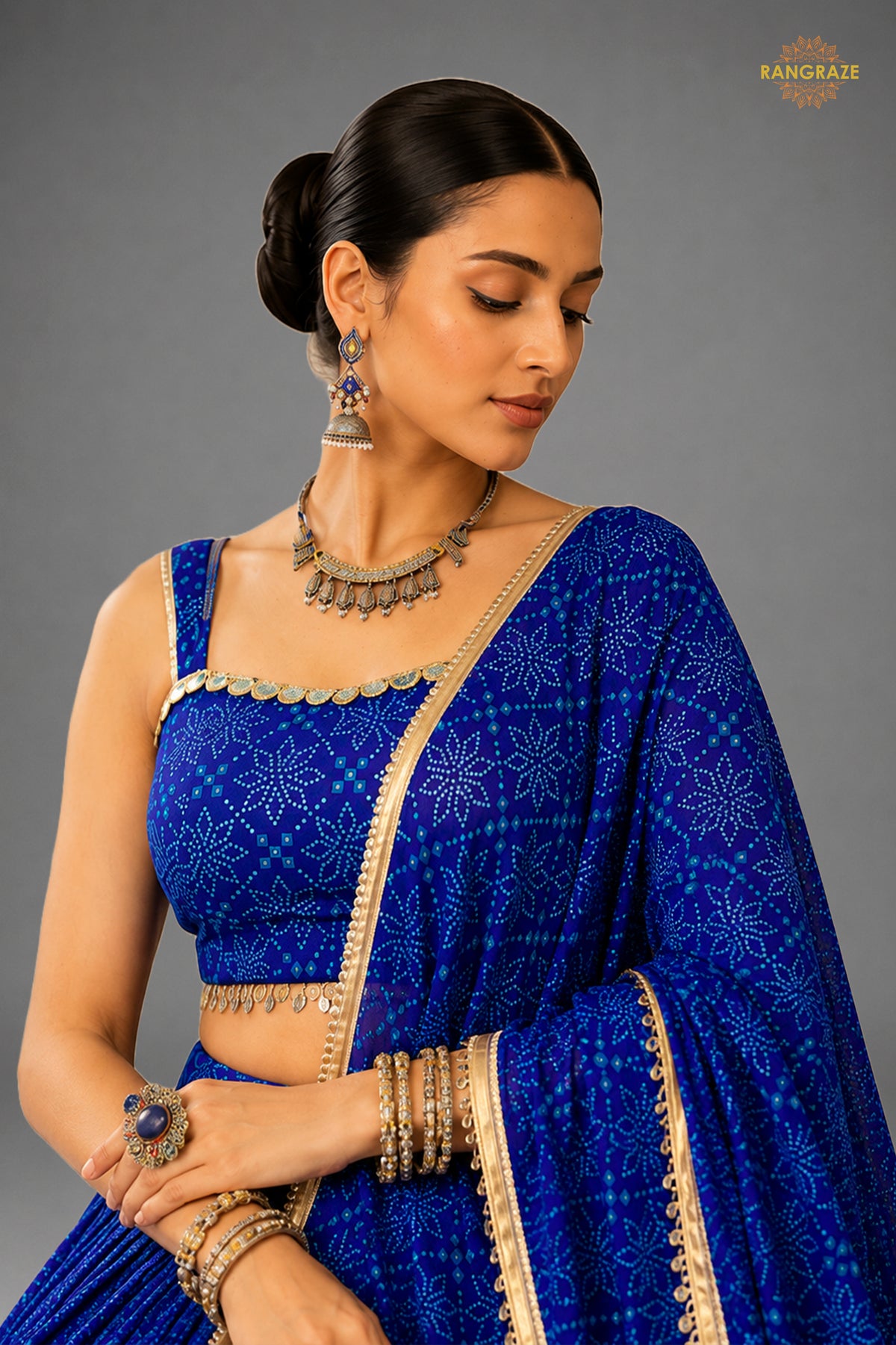 Blue Stitched Bandhej Print Satin Georgette Lehenga