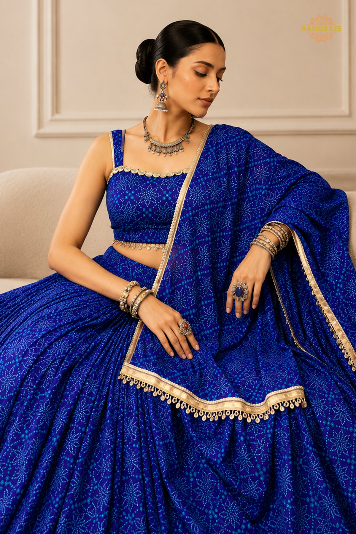 Blue Stitched Bandhej Print Satin Georgette Lehenga