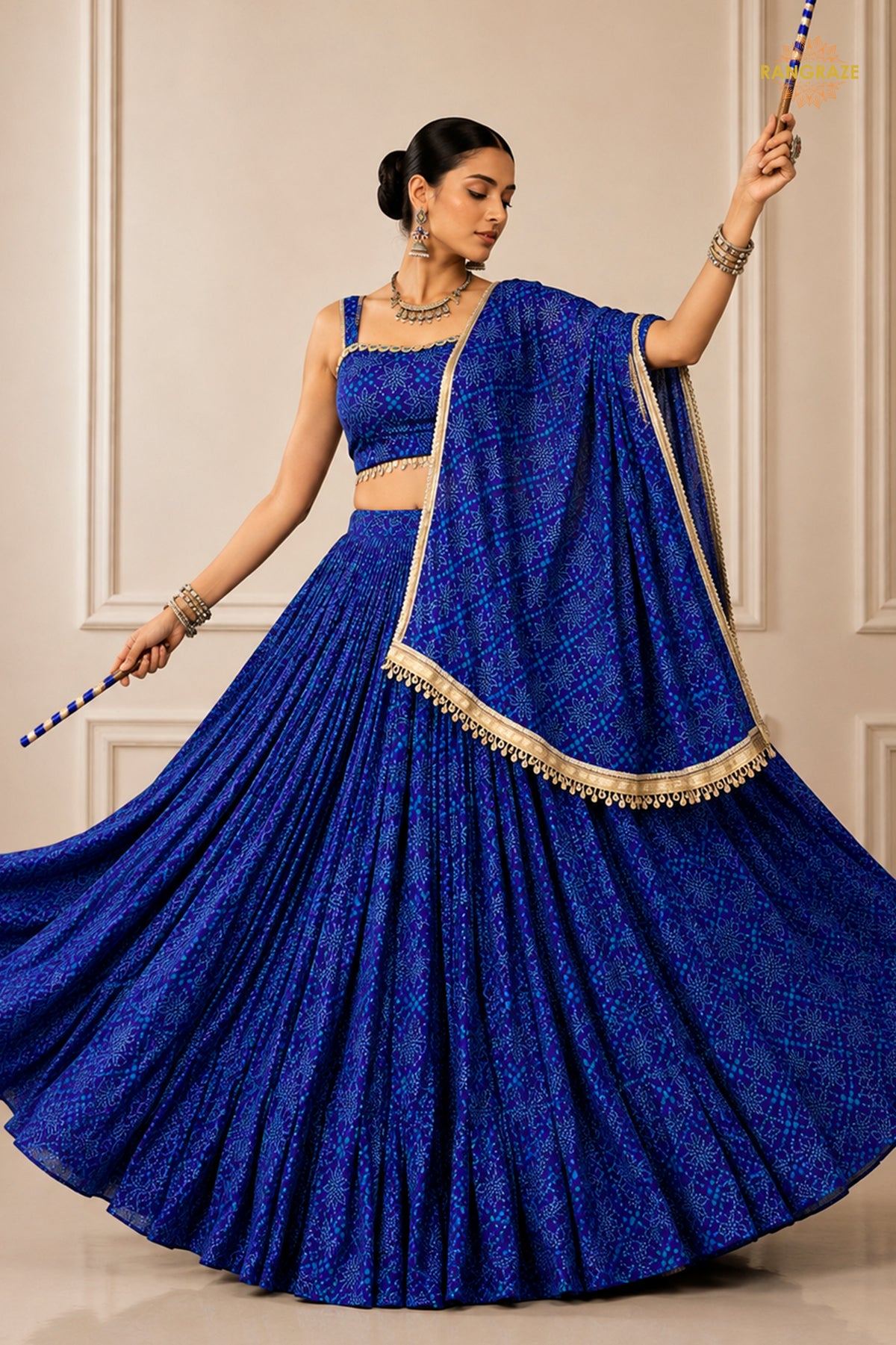 Blue Stitched Bandhej Print Satin Georgette Lehenga