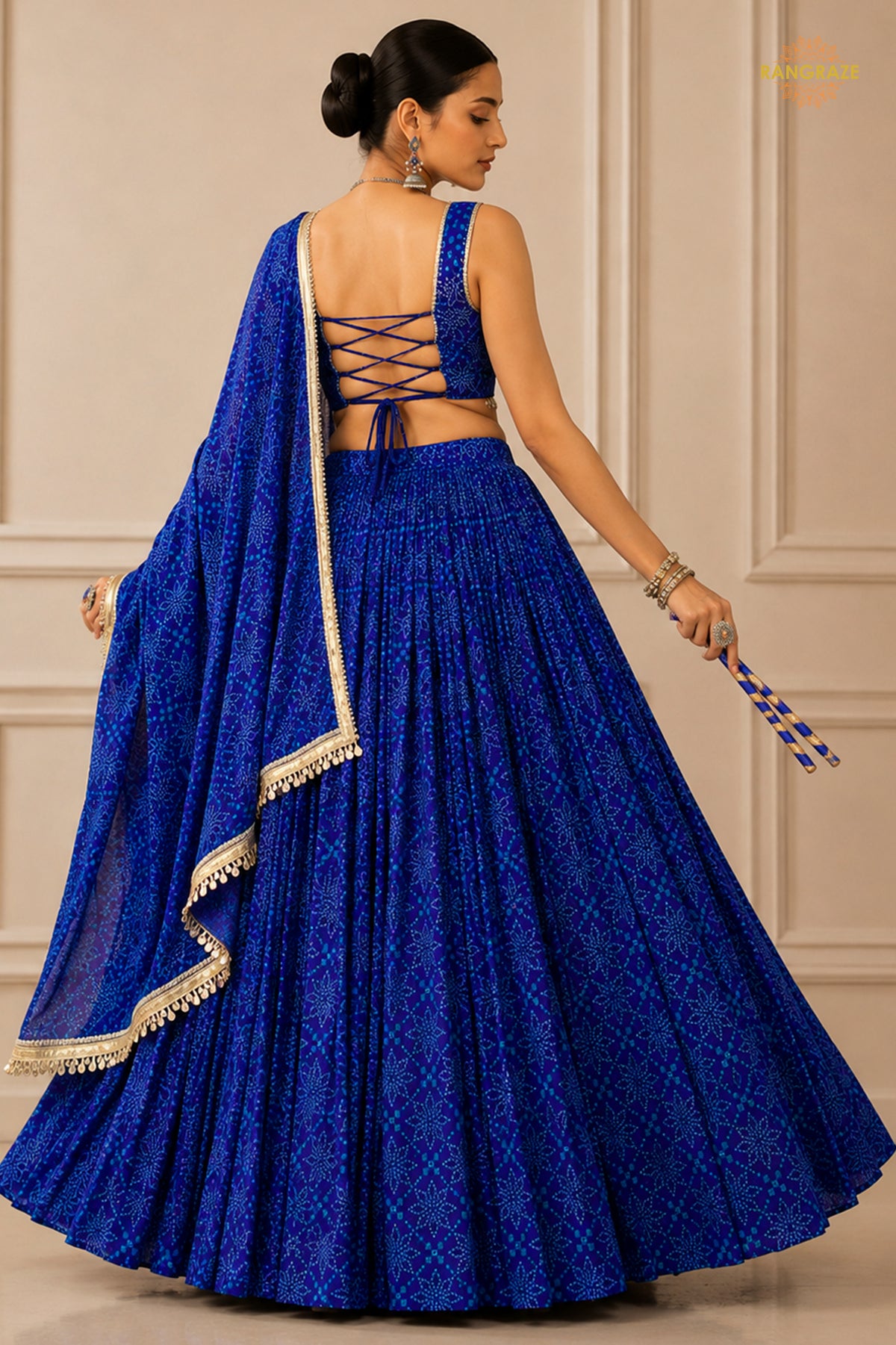 Blue Stitched Bandhej Print Satin Georgette Lehenga