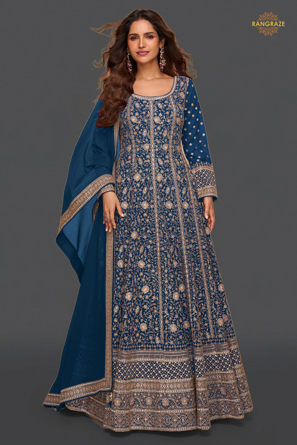 Blue Stitched Georgette Gown with Dupatta
