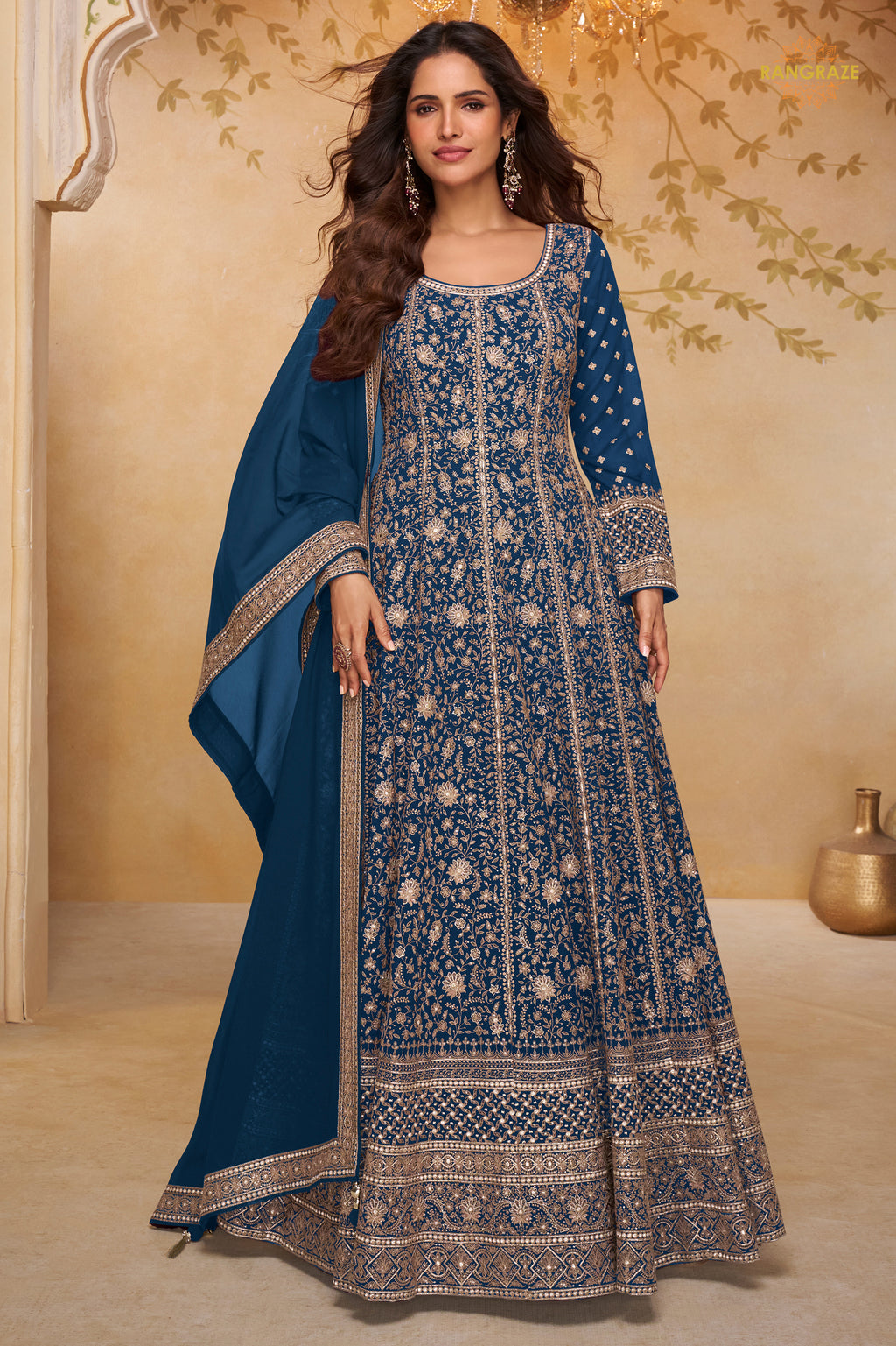 Blue Stitched Georgette Gown with Dupatta