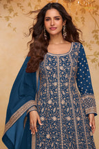 Blue Stitched Georgette Gown with Dupatta