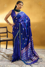 Royal Blue Satin Silk Banarasi Saree with Woven Zari Buttas