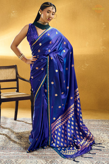 Royal Blue Satin Silk Banarasi Saree with Woven Zari Buttas