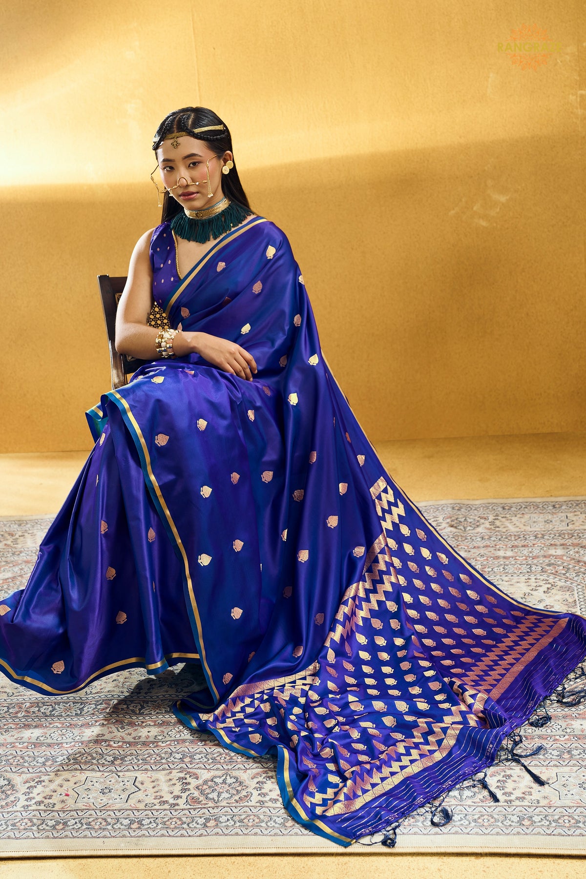 Royal Blue Satin Silk Banarasi Saree with Woven Zari Buttas