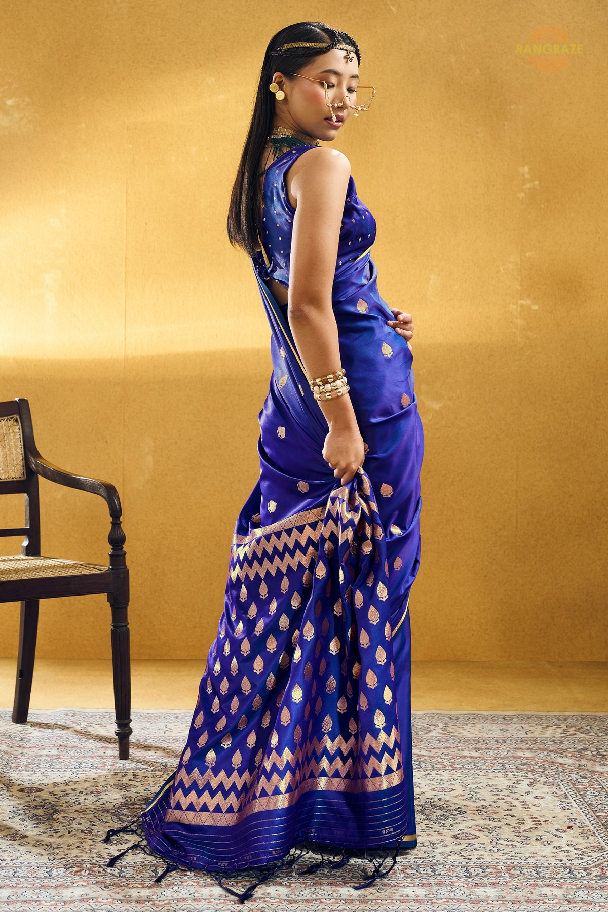 Royal Blue Satin Silk Banarasi Saree with Woven Zari Buttas