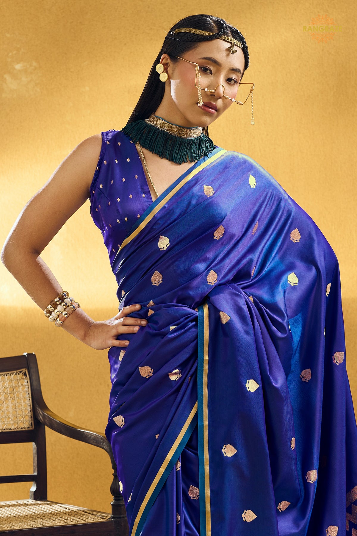 Royal Blue Satin Silk Banarasi Saree with Woven Zari Buttas