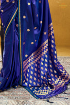 Royal Blue Satin Silk Banarasi Saree with Woven Zari Buttas