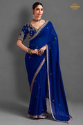 Blue Embroidered Silk Saree With Designer Border