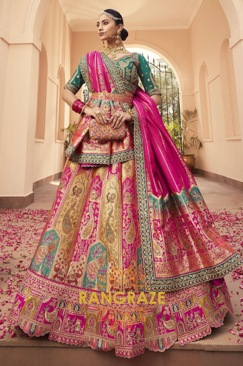 Emerald Fuchsia Banarasi Silk Lehenga with Peacock Motifs and Embroidered Clutch