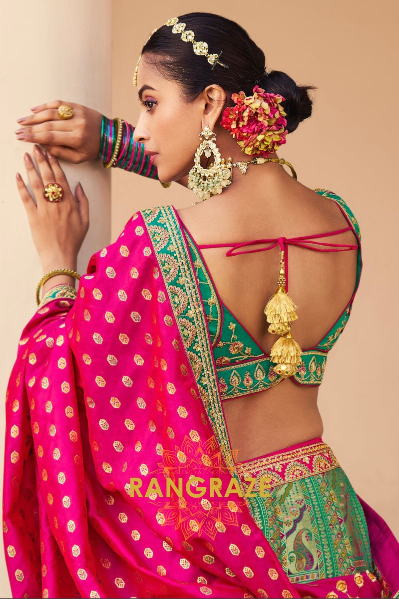 Emerald Rani Banarasi Silk Designer Lehenga with Embroidered Blouse and Clutch